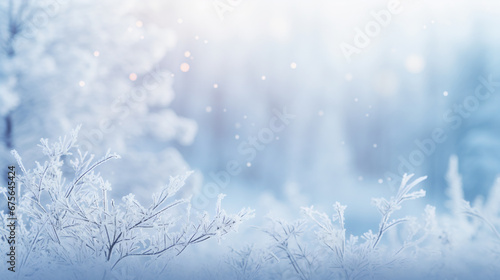 Winter blurred background with snowfall and frosted spruce brunches