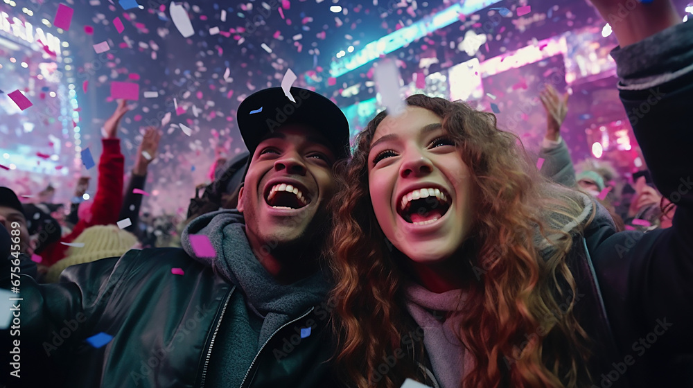 Couple counting down to the New Year in Times Square. Couple counting down to the New Year in Times Square.