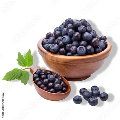 A Rustic Wooden Bowl Overflowing With Fresh, Juicy Blueberries and a Cozy Wooden Spoon photo