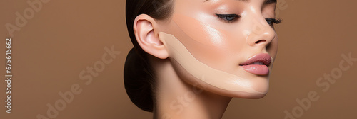 Close-up of woman applying foundation on cheeks