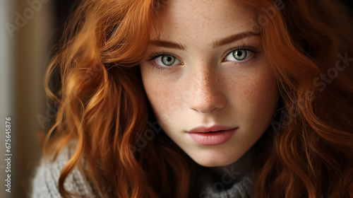 Close-up portrait of young woman with freckles is looking at camera