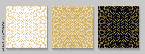 Seamless gold oriental patterns set. Islamic templates with shadows. Arabic linear textures. Vector brochures.