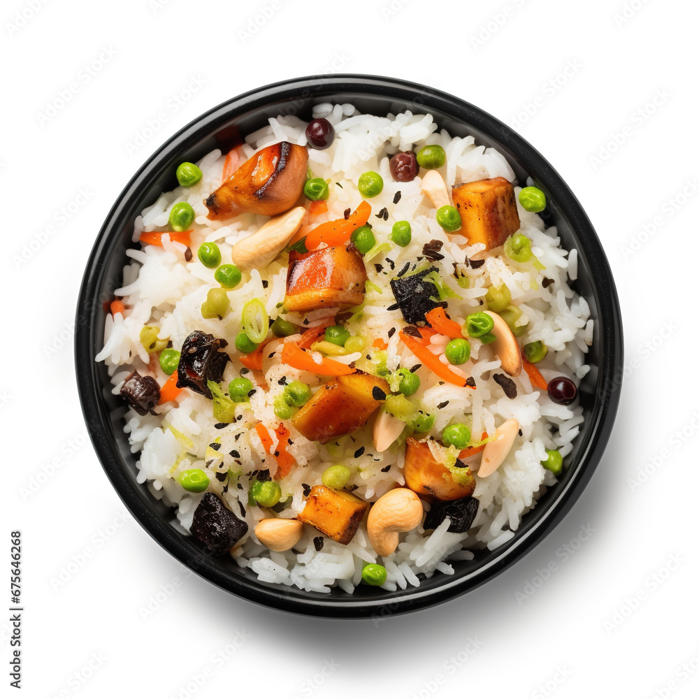 Mix vegetable pulao in black bowl, indian veg biryani, Mix vegetable pulao in black bowl, indian veg biryani,