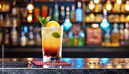 cocktail rests on a bar counter  the blurred background creating a sense of nightlife and indulgence