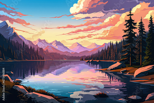 Beautiful landscape with mountains and lake. illustration in cartoon style