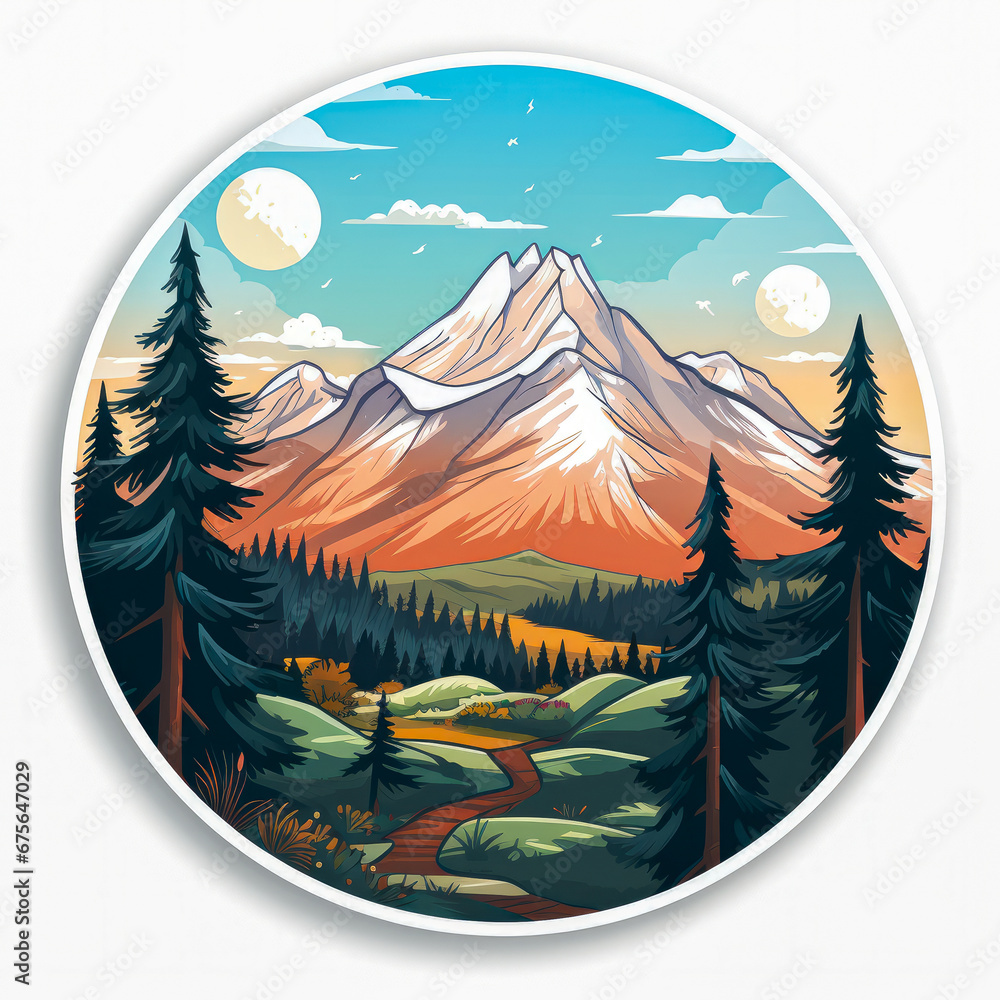 illustration of a landscape with mountains, forest and river in circle shape
