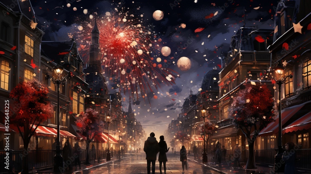 A pair of adoring entities share sweet kisses beneath the starry canvas of the night sky, welcoming the new year amidst a jubilant street celebration. - obrazy, fototapety, plakaty 