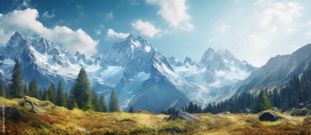 The beautiful landscape of the mountains in the national park was accentuated by the white snow lush forests and the ethereal light filtering through the clouds against the backdrop of the 
