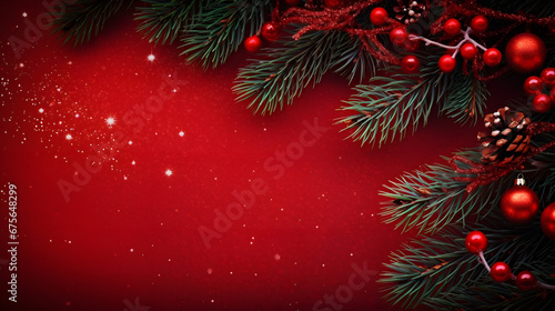 red christmas background with christmas tree branches