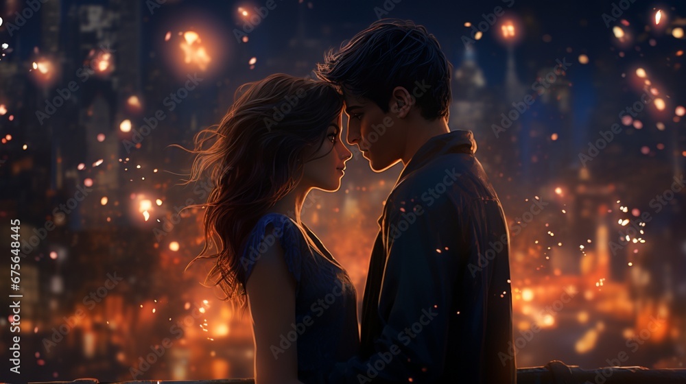 In the midst of a bustling New Year's Eve celebration, a loving duo shares passionate kisses under a starlit sky, igniting sparks of affection. In the midst of a bustling New Year's Eve celebration, a loving duo shares passionate kisses under a starlit sky, igniting sparks of affection.