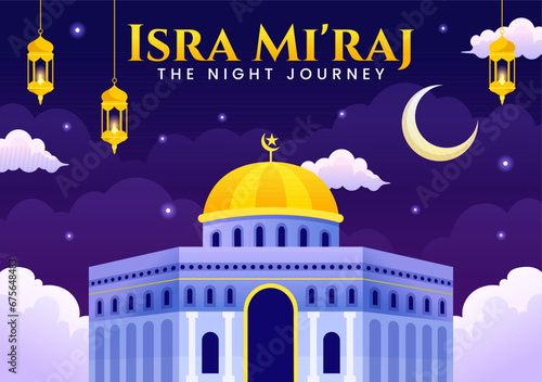 Isra Mi'raj Vector Illustration. Translation The Night Journey Prophet Muhammad. with Mosque and Lantern in Islamic Holiday Flat Cartoon Background