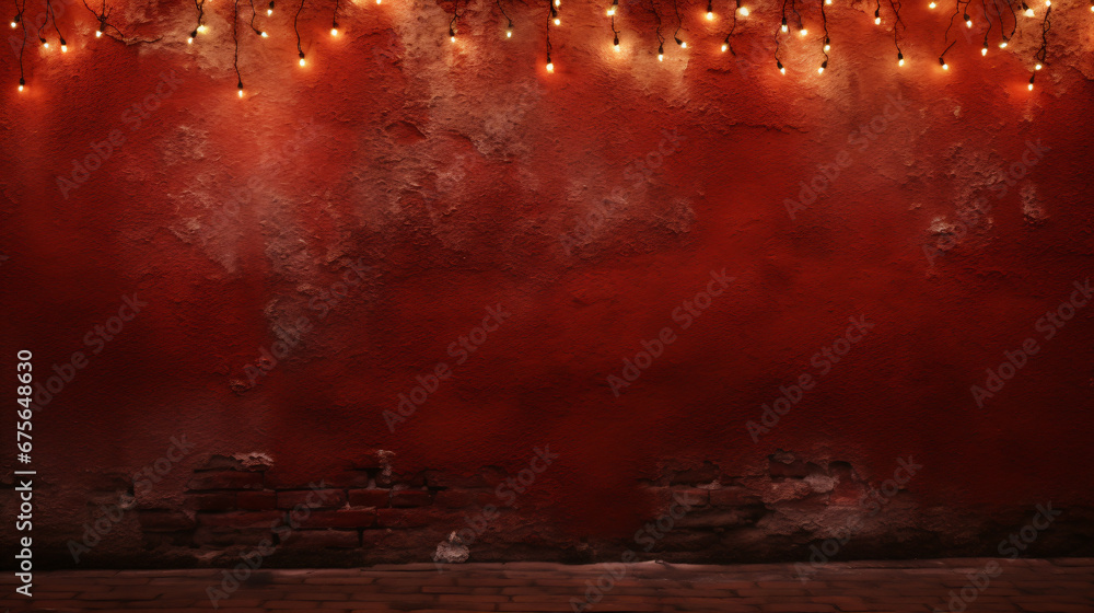 red worn brick wall with christmas lights hanging on it