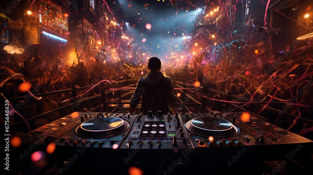 the DJ's music becomes the soundtrack to an epic new year's celebration. - obrazy, fototapety, plakaty 