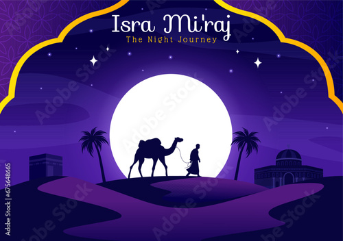 Isra Mi raj Vector Illustration. Translation The Night Journey Prophet Muhammad. with Mosque and Lantern in Islamic Holiday Flat Cartoon Background
