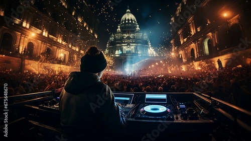 The DJ's music fills the air, people joy on street an unforgettable new year's night.
