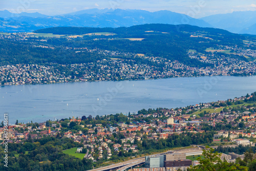 Aerial panorama of Zurich city and Lake Zurich from the Uetliberg mountain, Switzerland