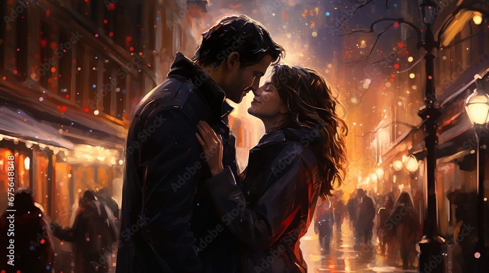 Two souls deeply in love exchange stolen kisses under the twinkling stars, embracing the new year's arrival amid the bustling energy of a vibrant street.