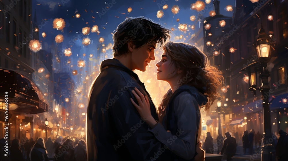 Underneath the radiant night sky, a loving couple steals kisses, their affection illuminated by the excitement of a crowded street ushering in the new year. Underneath the radiant night sky, a loving couple steals kisses, their affection illuminated by the excitement of a crowded street ushering in the new year.
