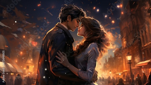 Two romantic figures steal kisses beneath a brilliant night sky, celebrating the new year's arrival while surrounded by a lively street festival.