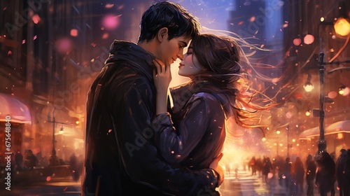 Two souls deeply in love exchange stolen kisses under the twinkling stars, embracing the new year's arrival amid the bustling energy of a vibrant street.