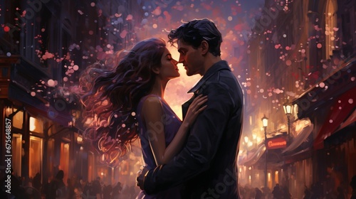 Underneath the vast expanse of stars, a couple expresses their love with stolen kisses as they join the revelry of a crowded street welcoming the new year.