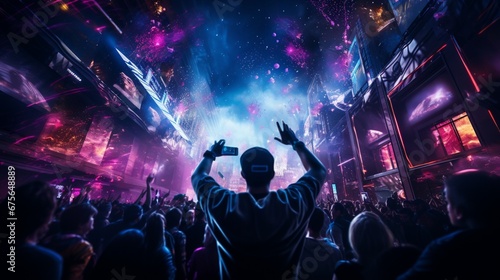 Vibrant holograms celebrate an unforgettable new year's night, propelled by the DJ's infectious music.