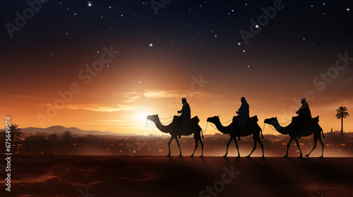 Leinwand Poster The three Biblical Wise Men going to Bethlehem to see the birth of the baby Jesu