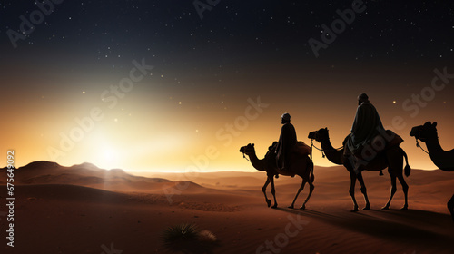Foto The three Biblical Wise Men going to Bethlehem to see the birth of the baby Jesu