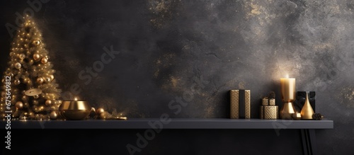 The abstract Christmas design features a luxurious black wallpaper with a textured gold background incorporating elements of fashion and art into its mesmerizing blend of colors and light on