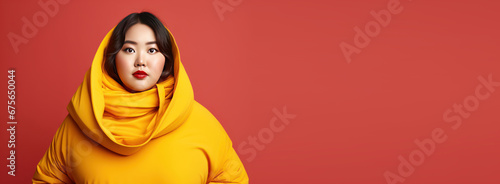 Portrait of fat woman standing on bright colors studio. Overweight female model in trendy fashion banner with copyspace © CYBERUSS