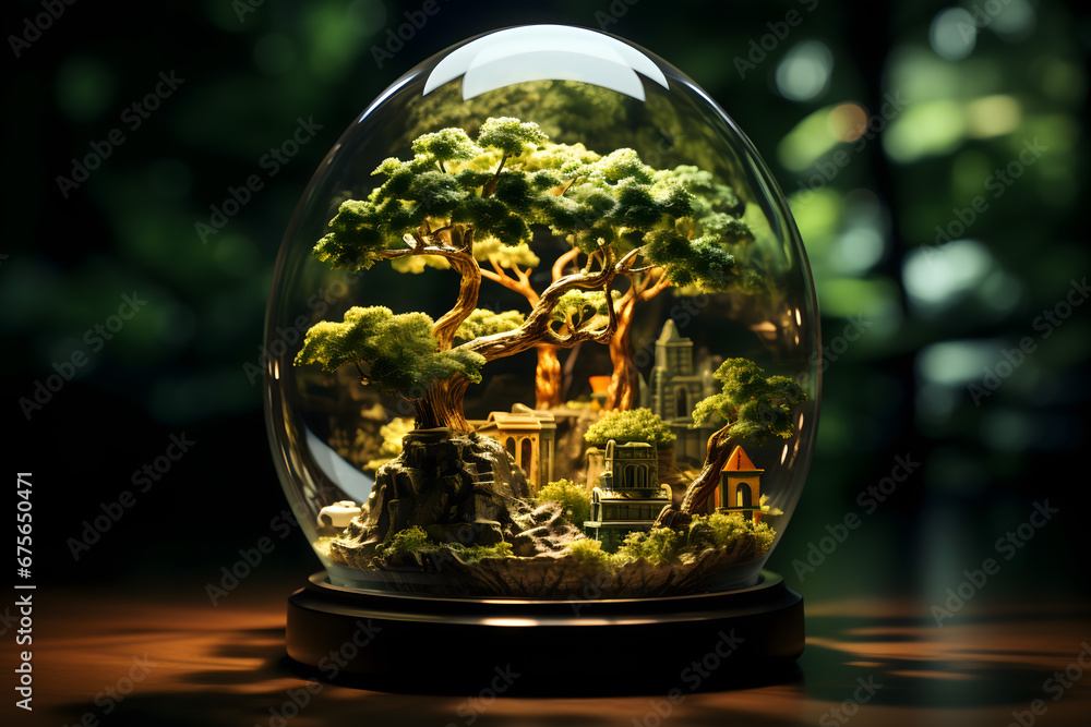 tree planted inside a lamp on a lawn, plant in a glass, light bulb in the garden, tree in a glass, light bulb on green grass