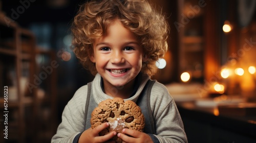 Happy little boy holding gingerbread man cookie at home