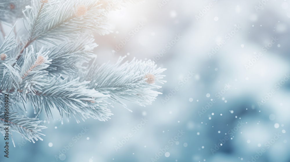 Winter blurred background with snowfall and frosted spruce brunches Winter blurred background with snowfall and frosted spruce brunches