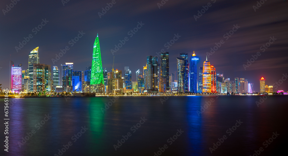 Panoramic  skyline of Doha city after sunset, Qatar