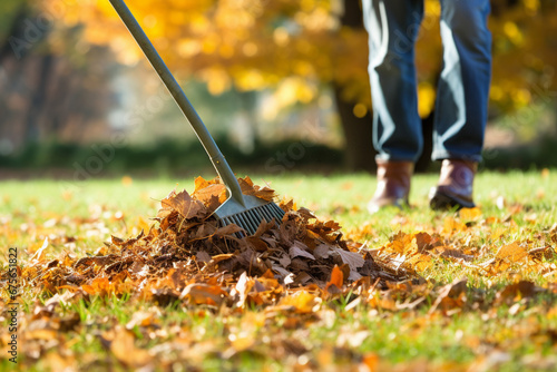 The photoshoot of a person is using the stainless garden rake to sweep and clean orange and brown autumn leaves in the garden. Generative AI.