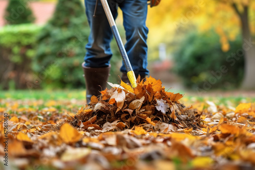 The photoshoot of a person is using the stainless garden rake to sweep and clean orange and brown autumn leaves in the garden. Generative AI.