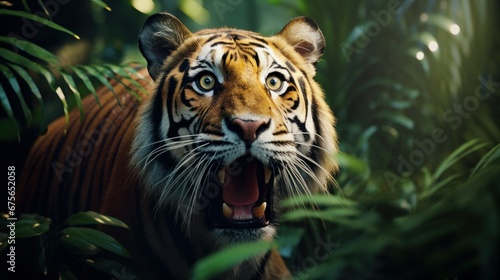 Tiger panthera tigris standing on beautiful nature background © CYBERUSS