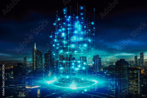 Futuristic telecommunication tower with blue neon lights.
