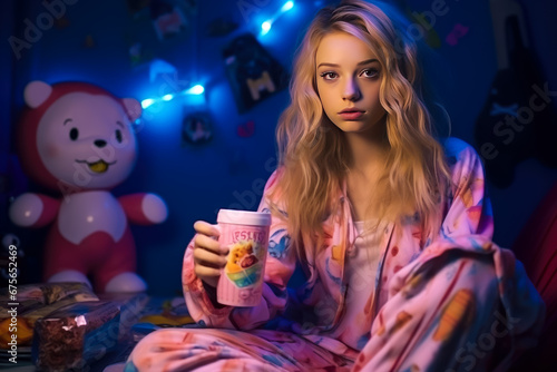 beautiful girl in pajamas drinking tea in bed at night