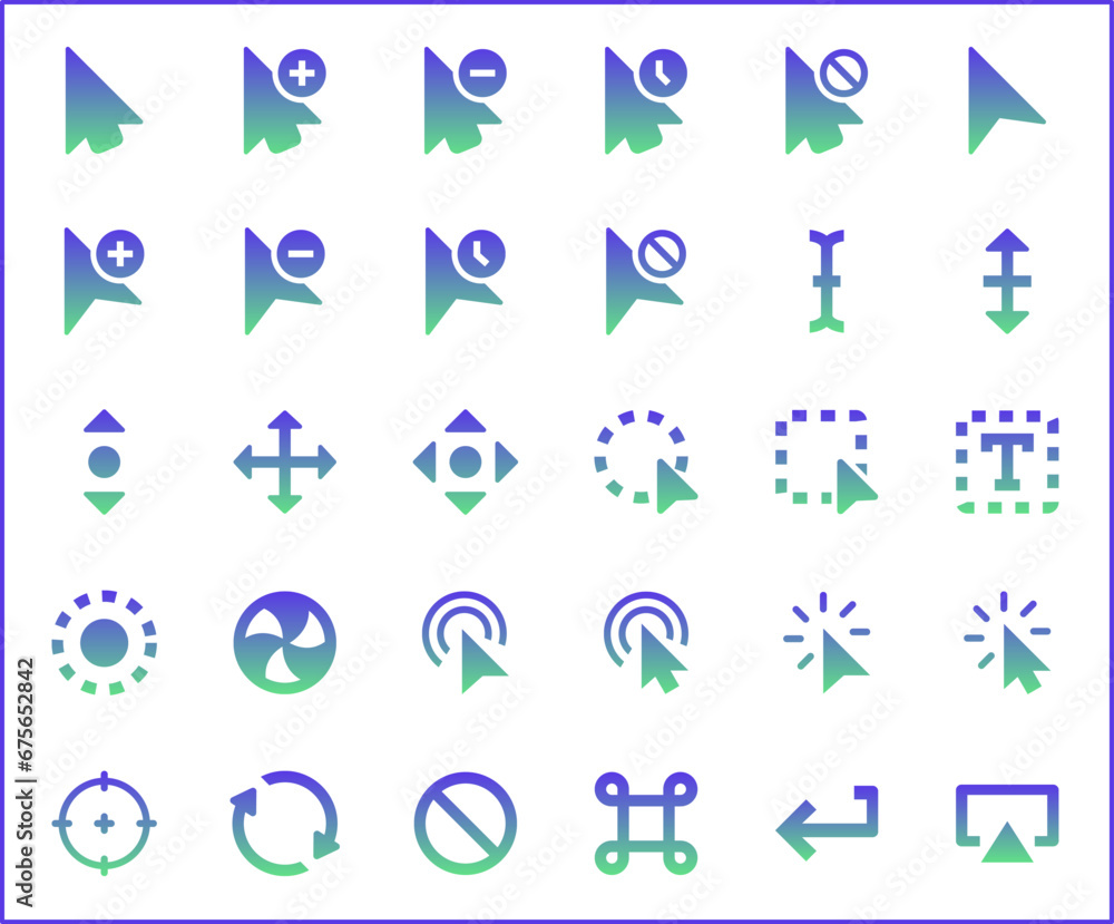 Set of cursors and selection line style. It contains such as pointer, click, mouse, arrows, icon, clock, interface, wireframe, computer and other elements.