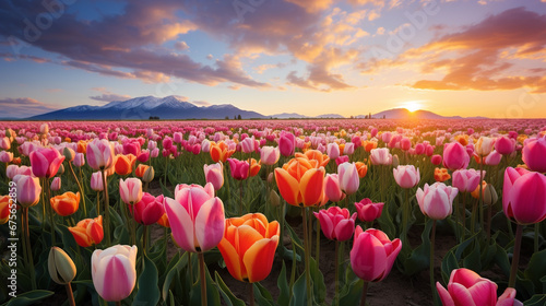 A field of tulips with the sun setting