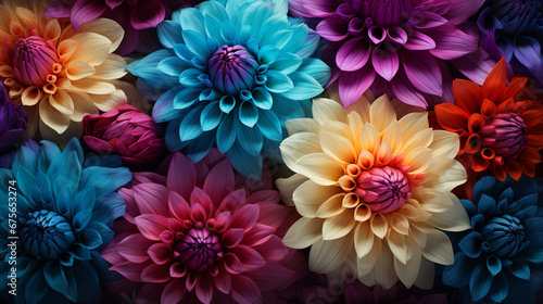 Colorful autumn dahlia flowers pattern as background Top view