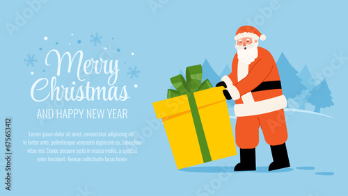 Merry Christmas greeting template banner with Santa Claus pushes big present with bow Happy old man hold gift box with ribbon. Vector holiday background