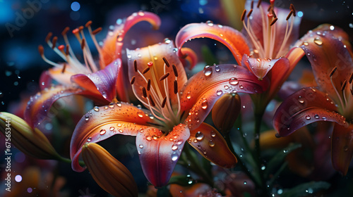 orange lily fowers with water droplets on the petals  photo