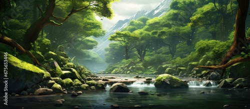 In the vibrant landscape of a summer forest the green leaves of the trees create a refreshing and textured background against the majestic mountains while the sound of water trickling nearb © TheWaterMeloonProjec