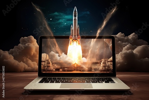 Rocket Lauch of Laptop with flames, technology growth and technology