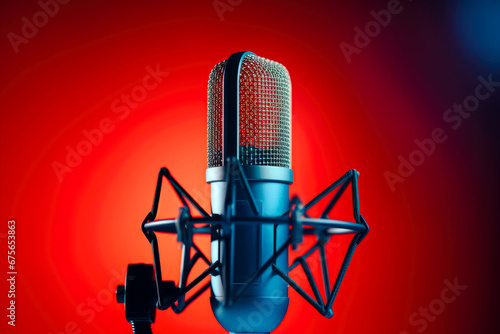 Microphone on a stand against the background of red and blue lights