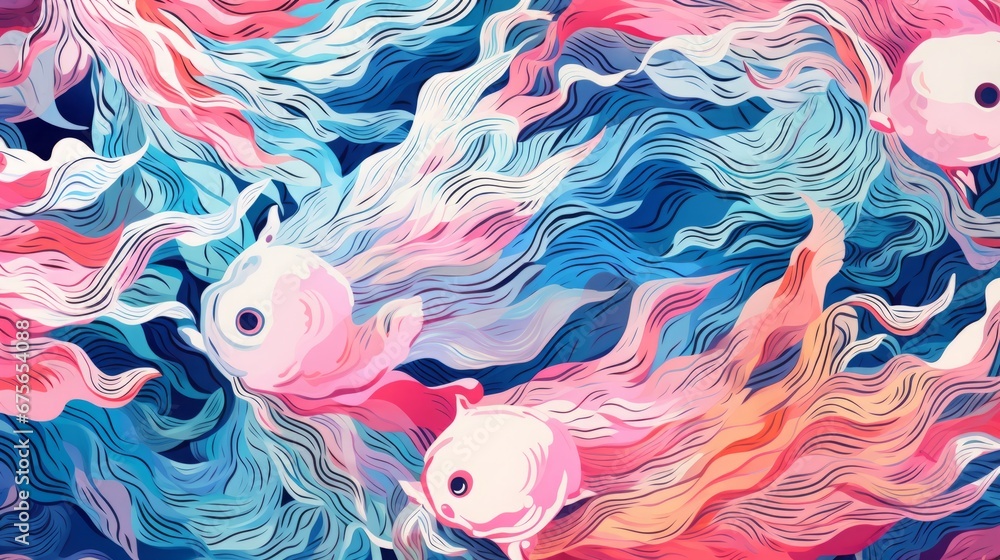 pink and blue fish pattern, style fluid formations, copy space, 16:9
