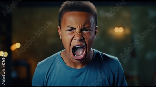 Angry irritated African American boy. Full of rage. Emotional portrait of an upset preteen boy screaming in anger. Requirements for parents. Wrong perception. Hysterics.