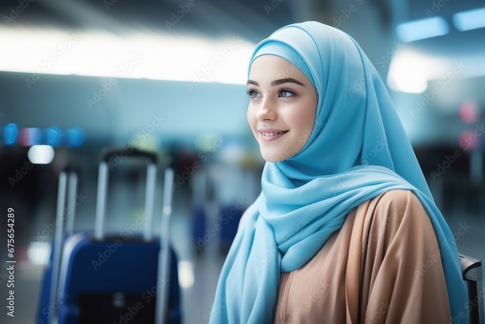 Young and beautiful woman in hijab standing at airport Young and beautiful woman in hijab standing at airport